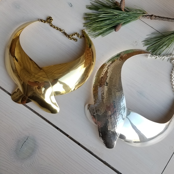 Hammered statement brass necklace silver  brass … - Picture 3 of 6